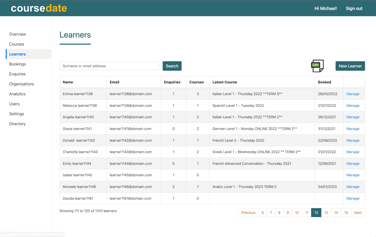 Learner page showing enrolment and enquiry history