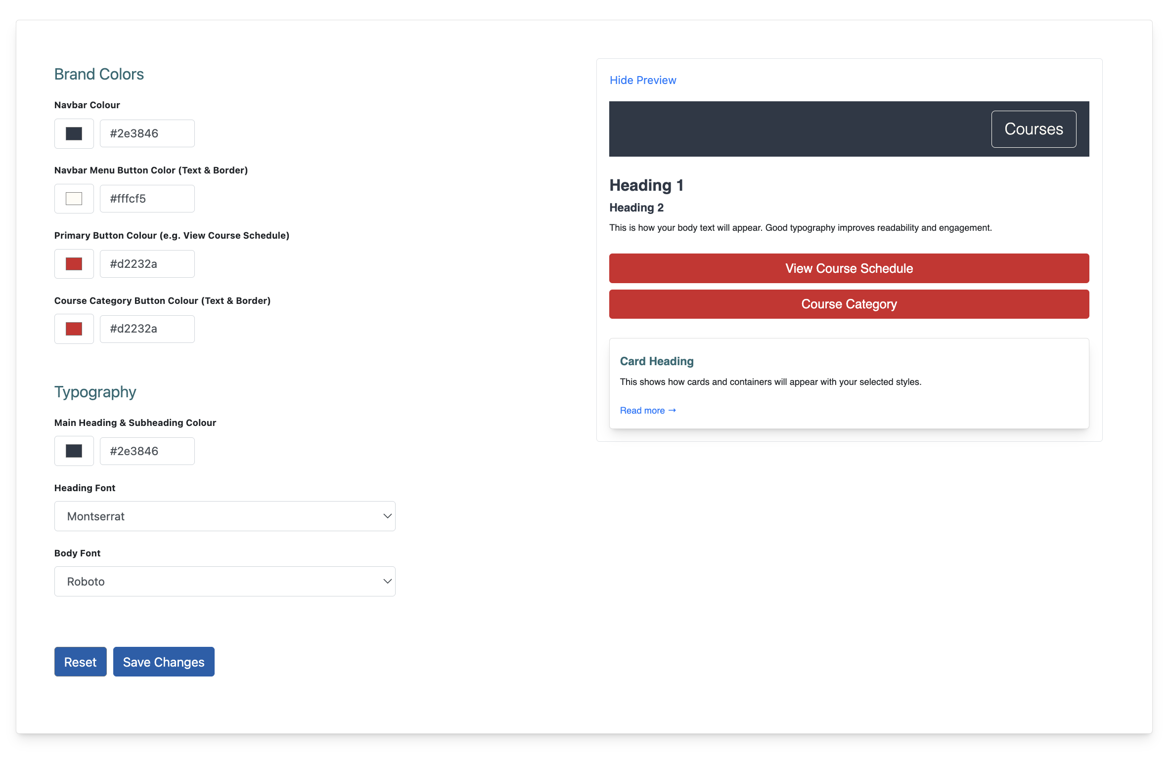 Coursedate course booking portal settings
